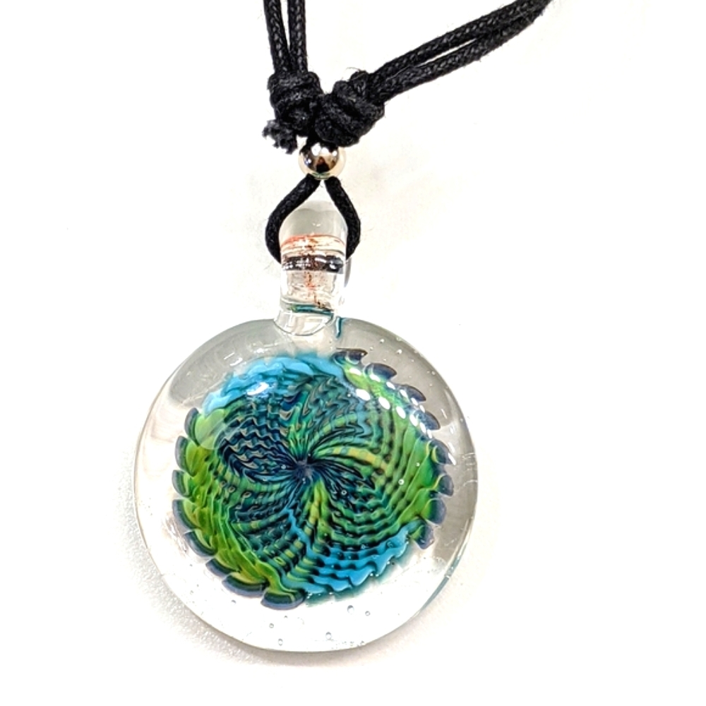 Necklace Choker Marble Pendant Blue & Green Hand Blown Glass Marble Adjustable